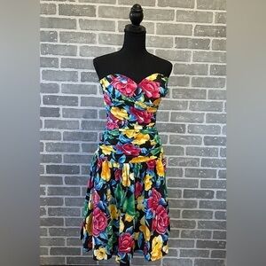 80's Bold Floral Strapless Party Dress | Ruched Bustier Mini Bubble | Size 10